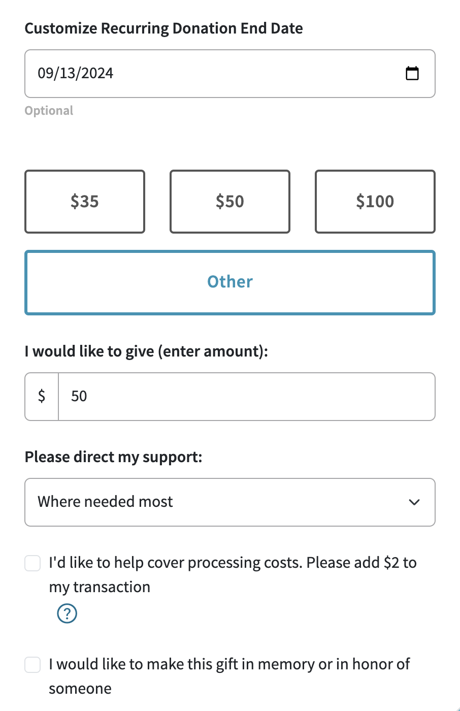 Customize your recurring donation using different settings.